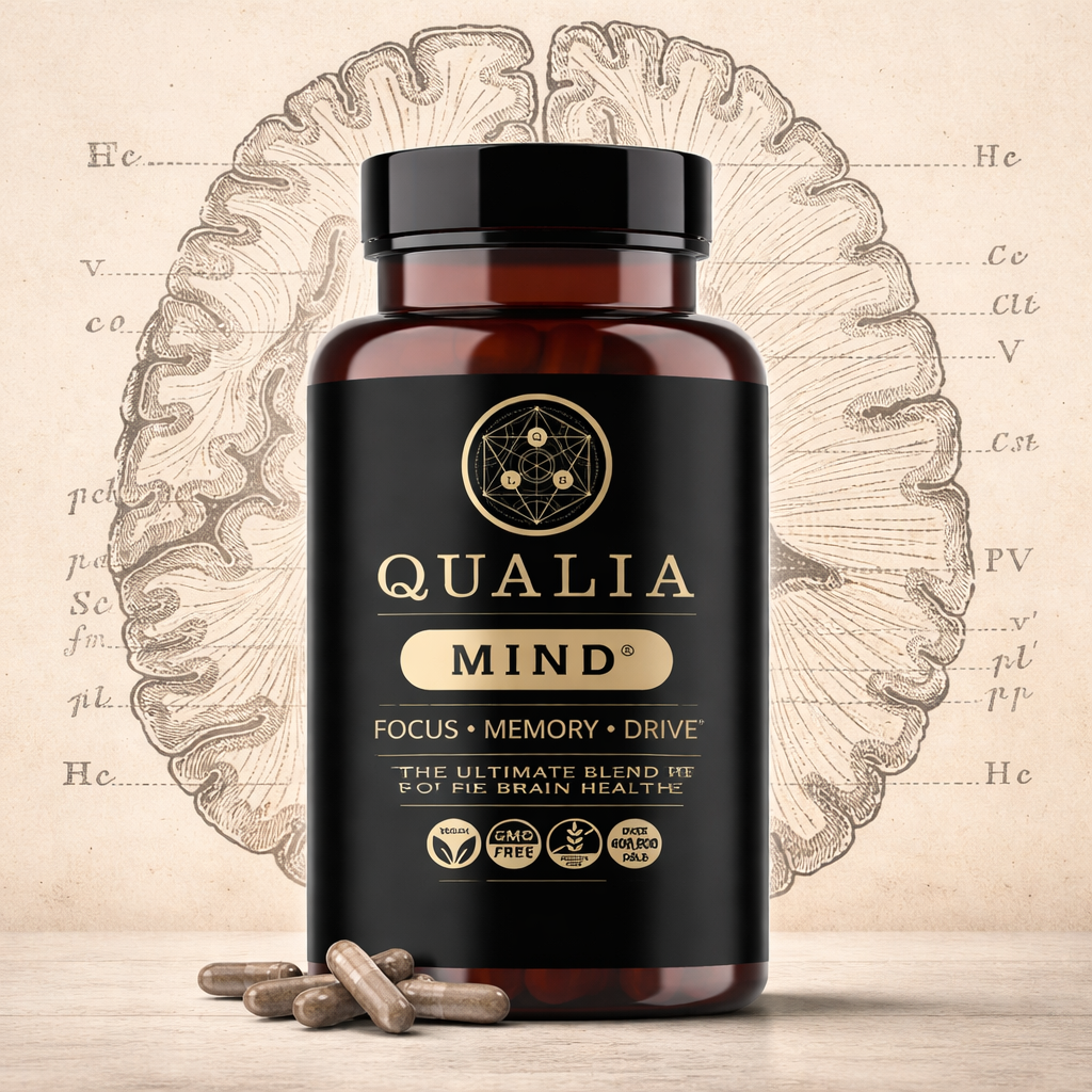 Qualia Mind bottle with vintage brain illustration background